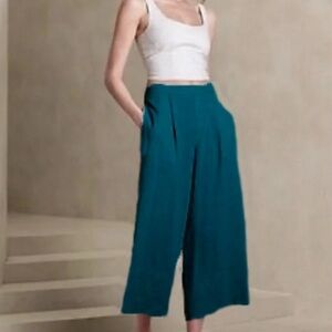 Banana Republic Wide Leg Cropped Pant L Teal Blue Linen Blend NWT $80